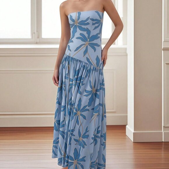 Blue Party Women's Strapless Floral Print High Split Maxi Dress - Picture 2 of 6